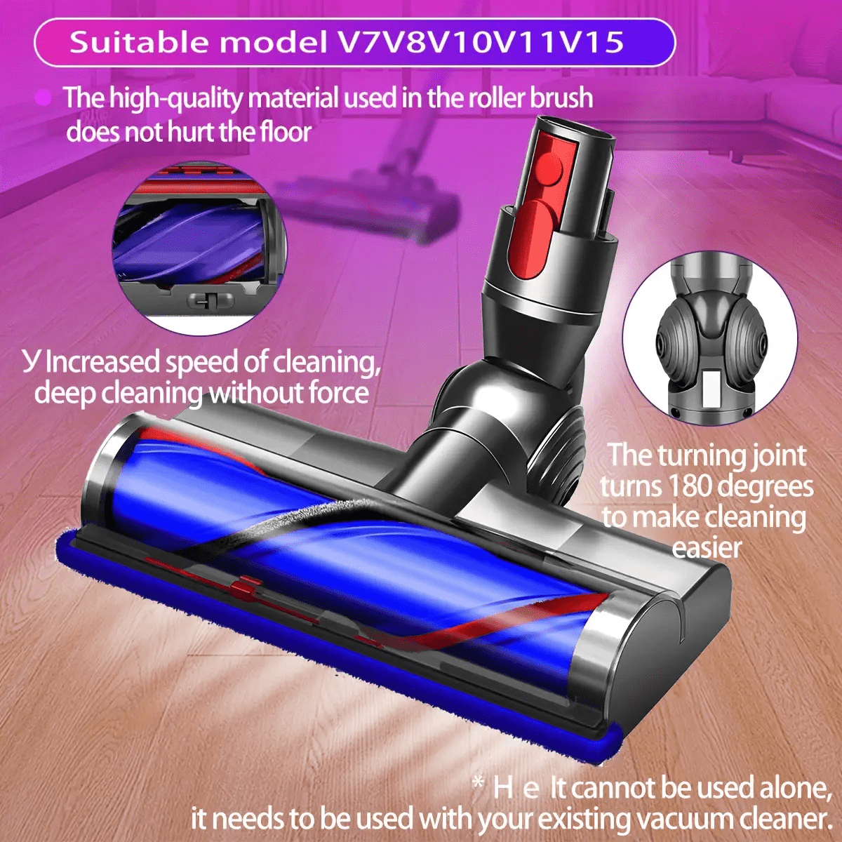 Electric Straight Brush Head with Bristle Roller for Hardwood Floors, Suitable for V7/V8/V10/V11/V15 Vacuum Cleaner Accessories - cleaningmarkets
